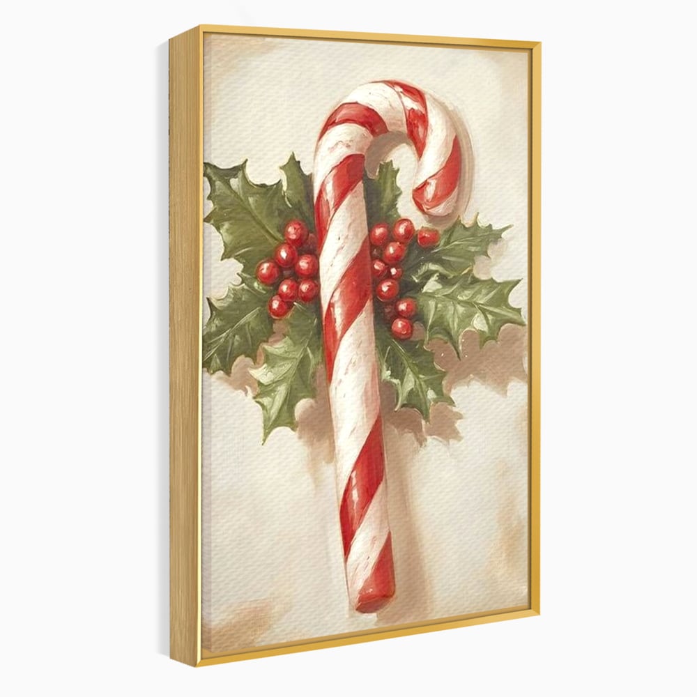 Tablou canvas cu pictura cu baston de zahar si frunze, in rama de aluminiu auriu